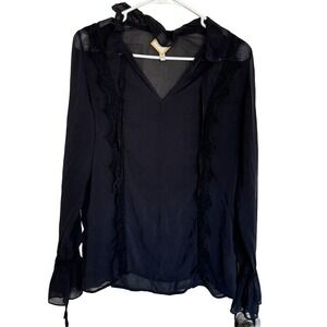 Luba by Hannah Payne Black 100% Silk Lace Ruffle V-Neck Blouse Top Size 12 j2‎